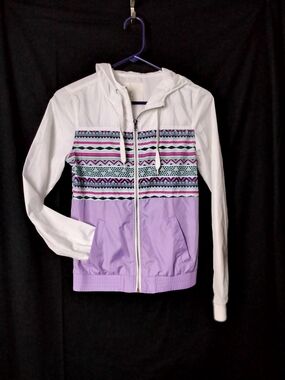 Zine Clothing White and Lavender Hooded Zip Bomber Jacket with Aztec Panel